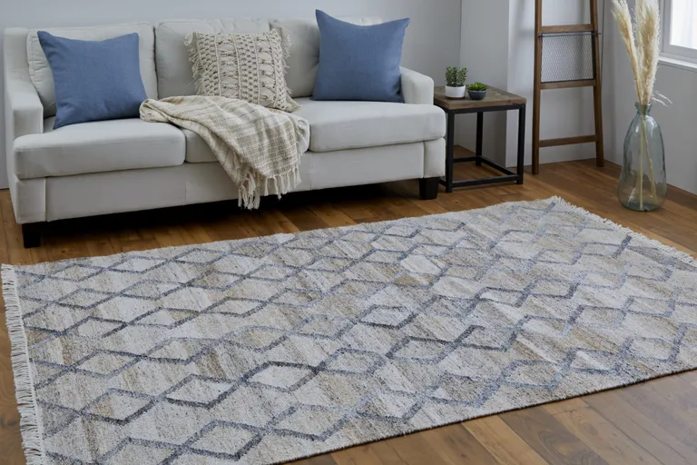 Gray Ivory And Tan Geometric Hand Woven Stain Resistant Area Rug With Fringe Photo 2