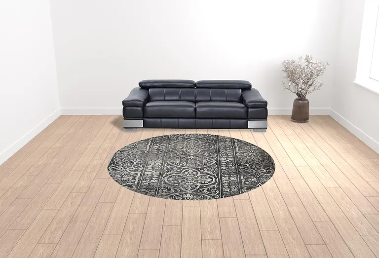 Gray Ivory And Taupe Round Abstract Stain Resistant Area Rug Photo 3