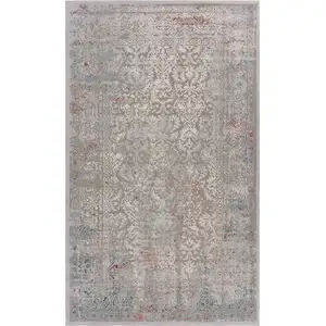 Photo of Gray Ivory Slate Blue And Wine Red Abstract Distressed Stain Resistant Area Rug