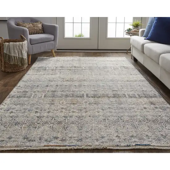 Gray Ivory and Blue Abstract Power Loom Worn Faded Area Rug With Fringe Photo 7