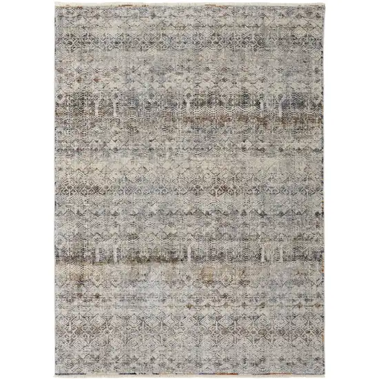 Gray Ivory and Blue Abstract Power Loom Worn Faded Area Rug With Fringe Photo 2