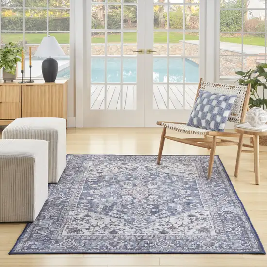 Gray Ivory and Blue Floral Distressed Washable Area Rug Photo 8