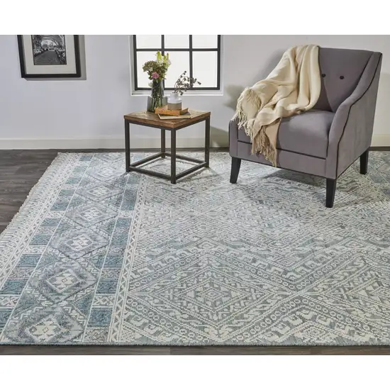 Gray Ivory and Blue Geometric Hand Knotted Area Rug Photo 8