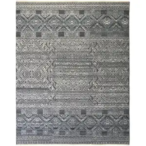 Photo of Gray Ivory and Blue Geometric Hand Knotted Area Rug