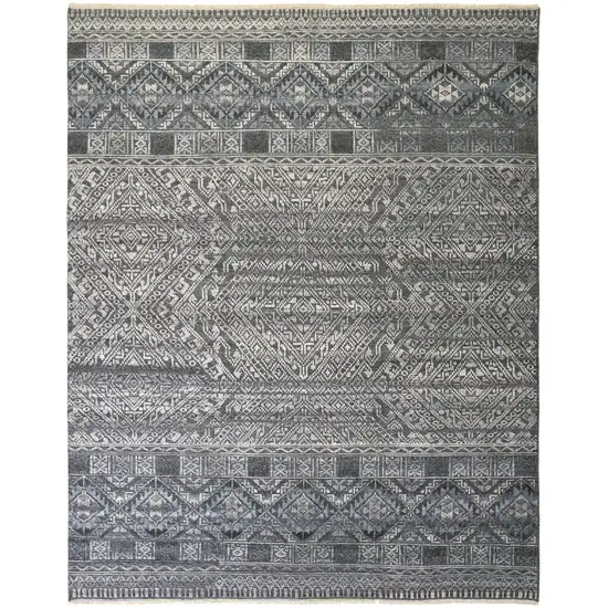 Gray Ivory and Blue Geometric Hand Knotted Area Rug Photo 2