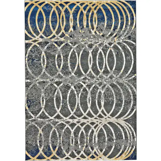 Gray Ivory and Blue Geometric Power Loom Worn Faded Area Rug Photo 5