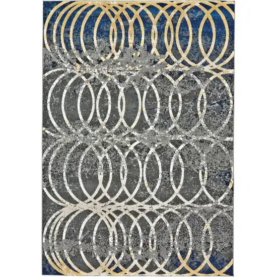 Gray Ivory and Blue Geometric Power Loom Worn Faded Area Rug Photo 2