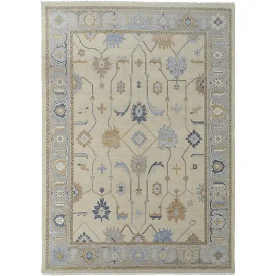 Gray Ivory and Blue Wool Floral Hand Knotted Area Rug With Fringe Photo 2