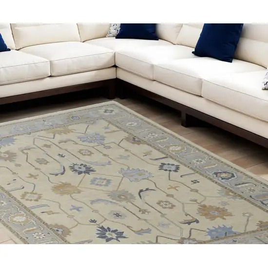 Gray Ivory and Blue Wool Floral Hand Knotted Area Rug With Fringe Photo 1