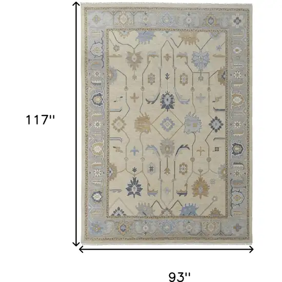 Gray Ivory and Blue Wool Floral Hand Knotted Area Rug With Fringe Photo 3