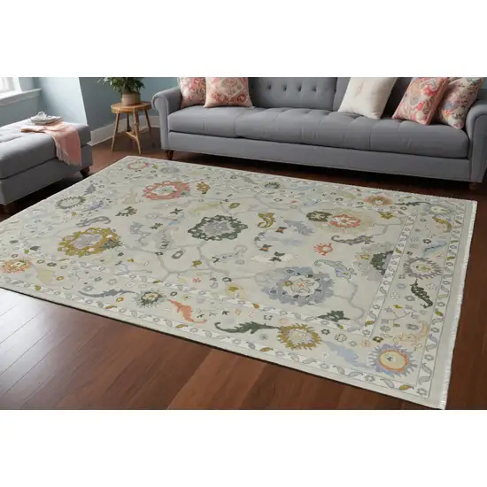 Gray Ivory and Gold Wool Floral Hand Knotted Area Rug With Fringe Photo 1