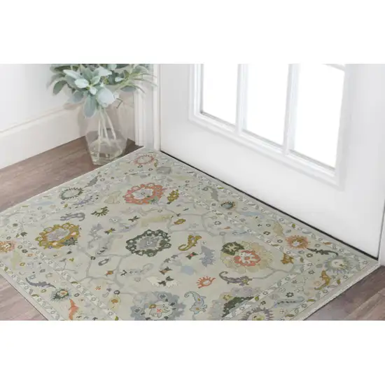 Gray Ivory and Gold Wool Floral Hand Knotted Area Rug With Fringe Photo 1