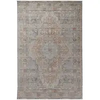 Photo of Gray Ivory and Orange Oriental Power Loom Worn Faded Area Rug With Fringe