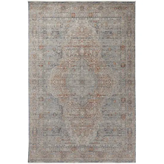 Gray Ivory and Orange Oriental Power Loom Worn Faded Area Rug With Fringe Photo 2