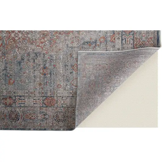 Gray Ivory and Orange Oriental Power Loom Worn Faded Area Rug With Fringe Photo 8