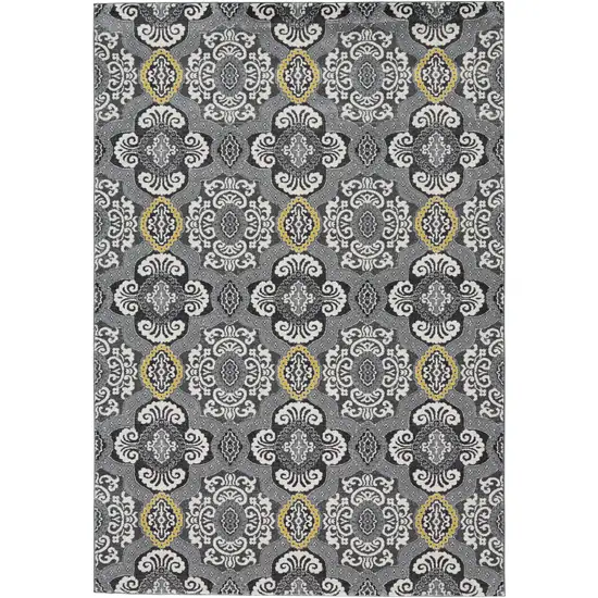 Gray Ivory and Yellow Damask Power Loom Area Rug Photo 2