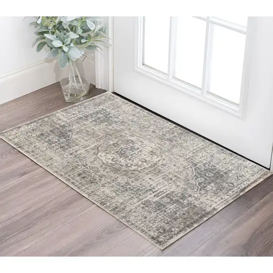 Medium Gray and Ivory Medallion Power Loom Area Rug Photo 1