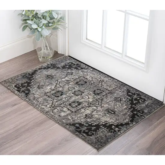 Black and Gray Medallion Power Loom Area Rug Photo 1