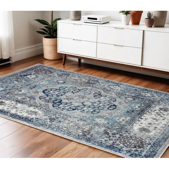 Gray and Blue Medallion Power Loom Area Rug Photo 1