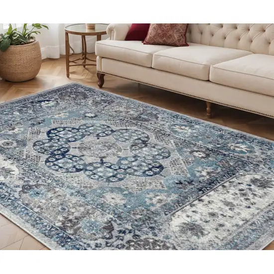 Gray and Blue Medallion Power Loom Area Rug Photo 1