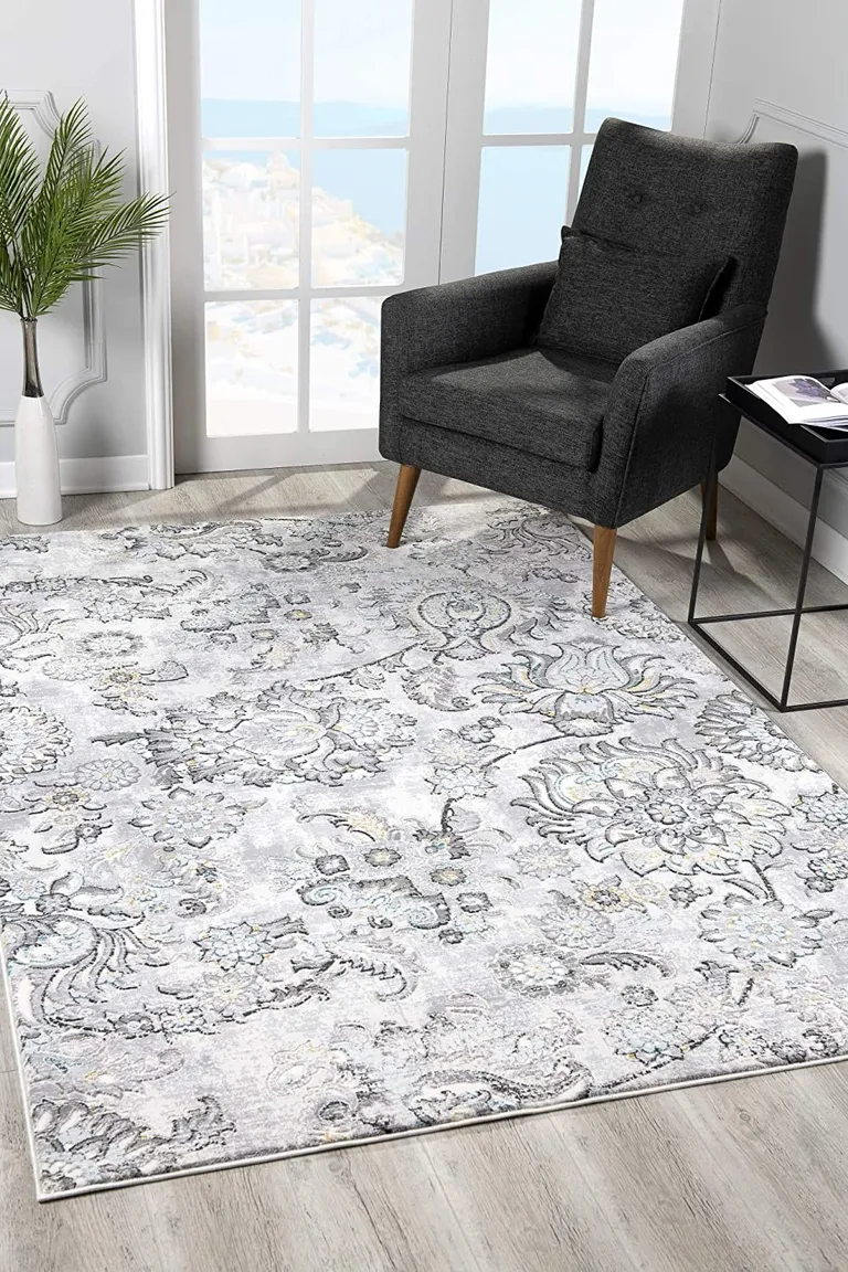 Gray Modern Jacobean Floral Area Rug Photo 4