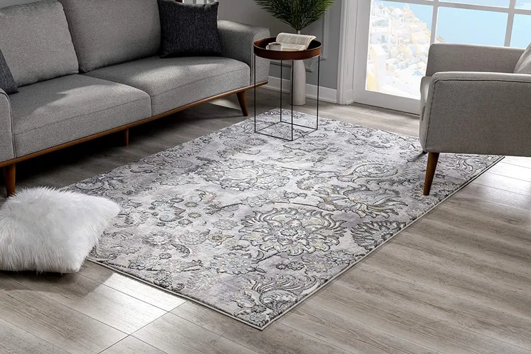 Gray Modern Jacobean Floral Area Rug Photo 3