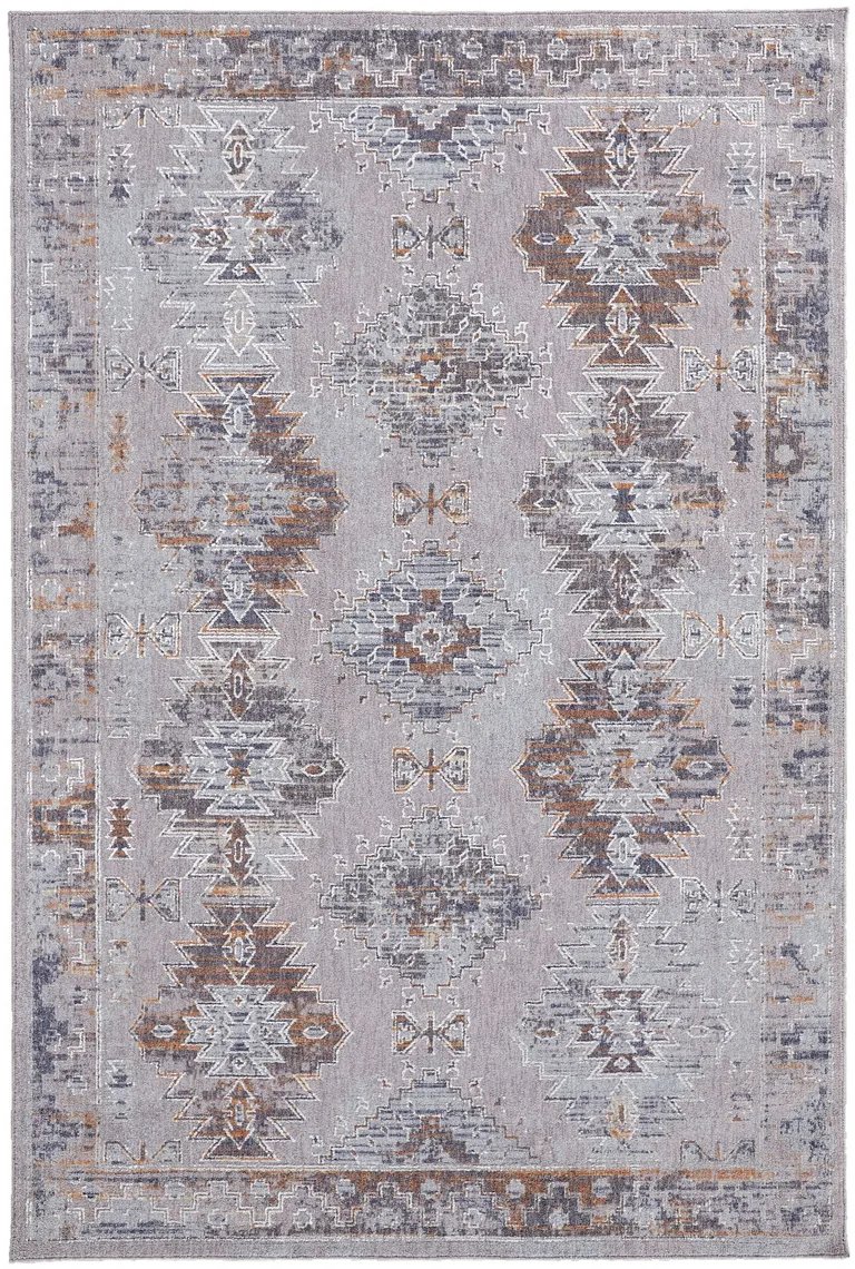 Gray Orange And Blue Geometric Power Loom Distressed Stain Resistant Area Rug Photo 1