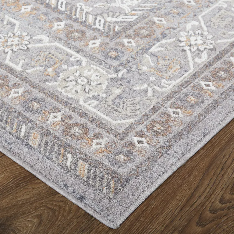 Gray Orange And Ivory Floral Power Loom Stain Resistant Area Rug Photo 3