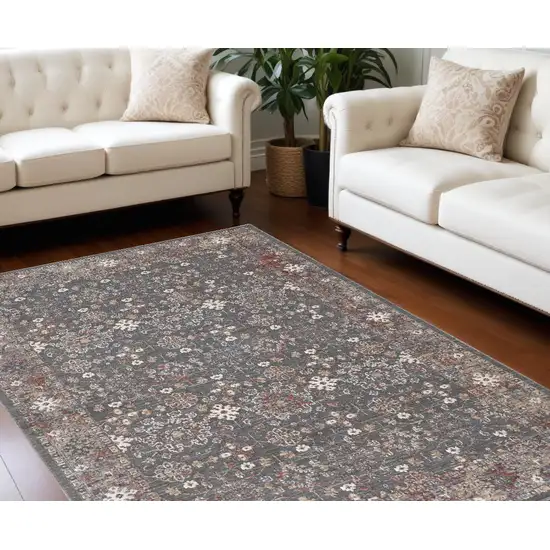 Gray and Ivory Floral Power Loom Area Rug Photo 1