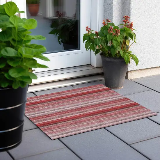 Gray Pink and Red Striped Washable Non Skid Indoor Outdoor Area Rug Photo 8