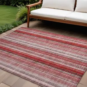 Photo of Gray Pink and Red Striped Washable Non Skid Indoor Outdoor Area Rug