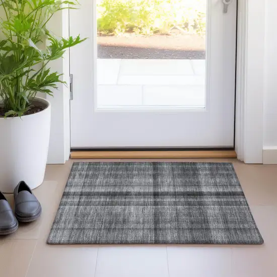 Gray Plaid Washable Non Skid Indoor Outdoor Area Rug Photo 9