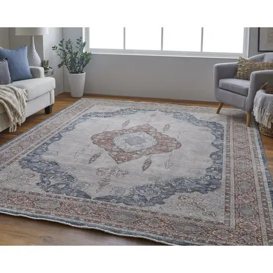Gray Red And Blue Floral Power Loom Stain Resistant Area Rug Photo 7