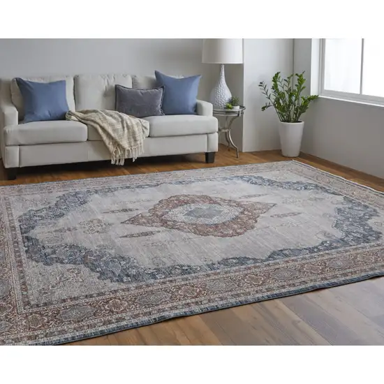 Gray Red And Blue Floral Power Loom Stain Resistant Area Rug Photo 5