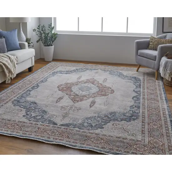 Gray Red And Blue Floral Power Loom Stain Resistant Area Rug Photo 3