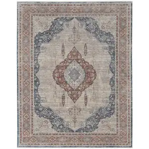 Photo of Gray Red And Blue Floral Power Loom Stain Resistant Area Rug