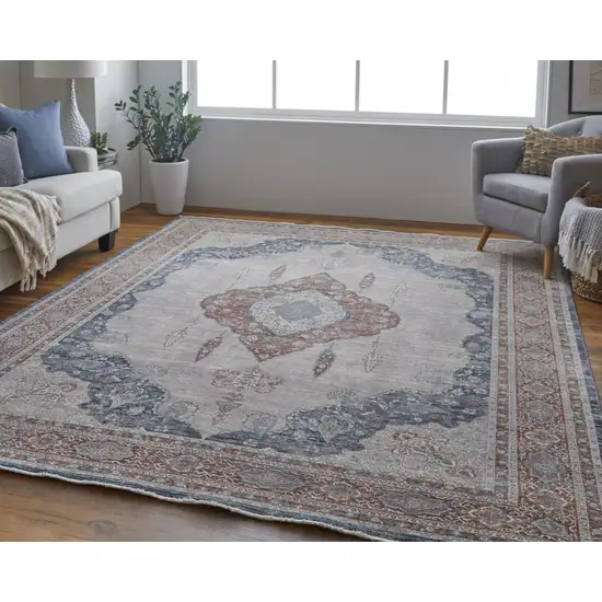 Gray Red And Blue Floral Power Loom Stain Resistant Area Rug Photo 2