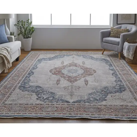 Gray Red And Blue Floral Power Loom Stain Resistant Area Rug Photo 3