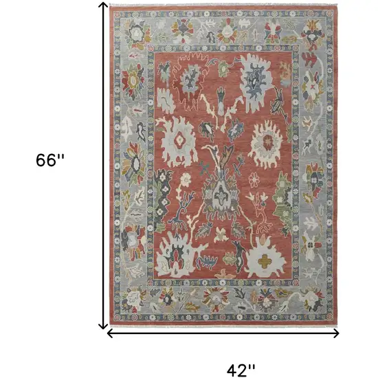 Gray Red and Ivory Wool Floral Hand Knotted Area Rug With Fringe Photo 3