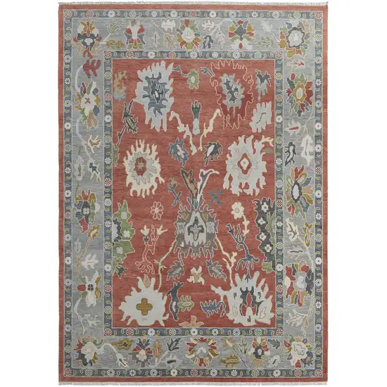 Gray Red and Ivory Wool Floral Hand Knotted Area Rug With Fringe Photo 5