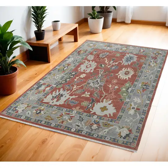 Gray Red and Ivory Wool Floral Hand Knotted Area Rug With Fringe Photo 1