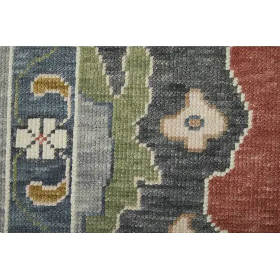 Gray Red and Ivory Wool Floral Hand Knotted Area Rug With Fringe Photo 7