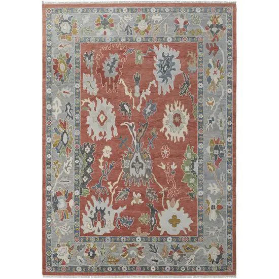 Gray Red and Ivory Wool Floral Hand Knotted Area Rug With Fringe Photo 2