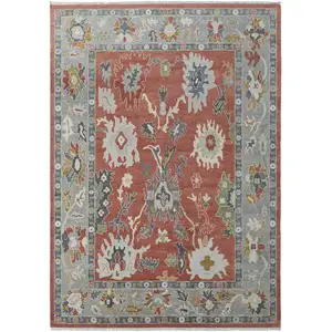 Photo of Gray Red and Ivory Wool Floral Hand Knotted Area Rug With Fringe