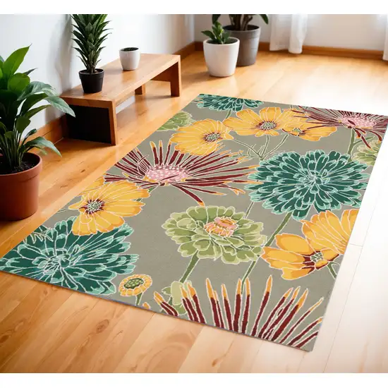 Gray Red and Yellow Floral Hand Carved Handmade Area Rug Photo 1