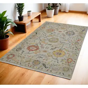 Photo of Gray Red and Yellow Wool Oriental Hand Knotted Area Rug With Fringe