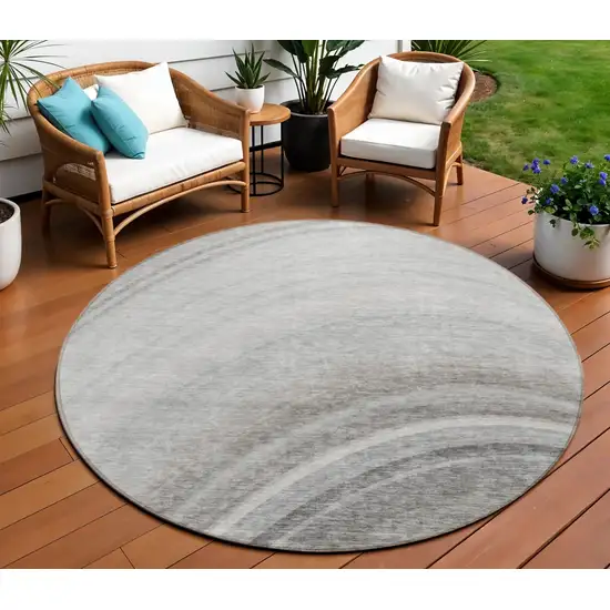 Gray Round Abstract Washable Non Skid Indoor Outdoor Area Rug Photo 1