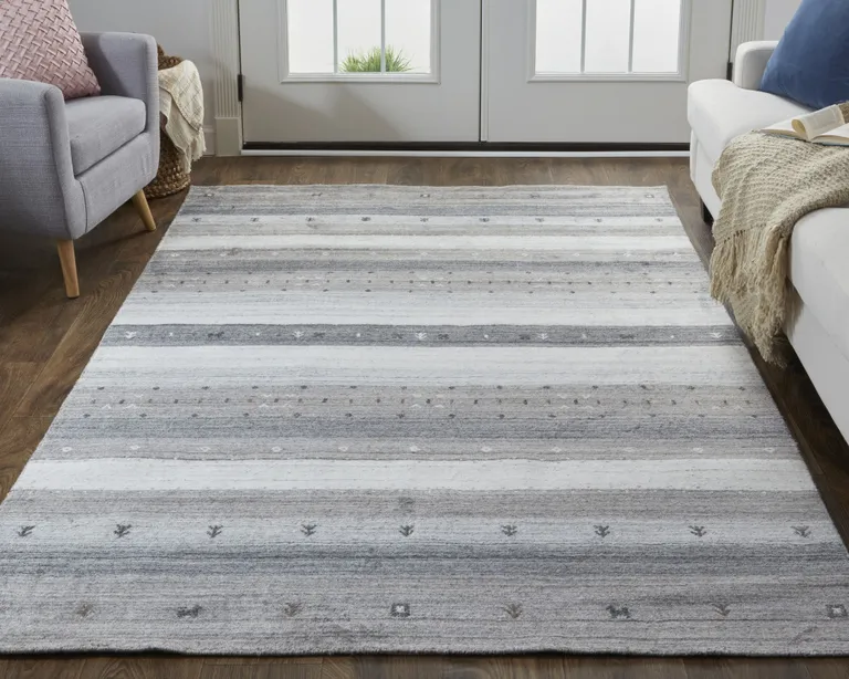 Gray Silver And Black Wool Striped Hand Knotted Stain Resistant Area Rug Photo 3