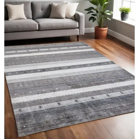 Gray and Ivory Wool Striped Hand Knotted Area Rug Photo 1