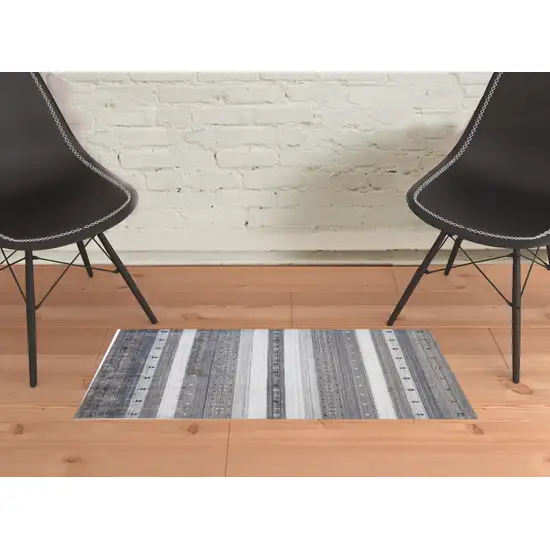 Gray Silver And Black Wool Striped Hand Knotted Stain Resistant Area Rug Photo 2